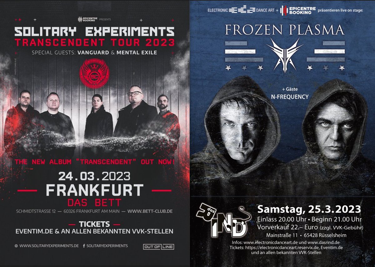 eda_eda's tweet image. 2️⃣ tolle #Konzerte mit insg. 5️⃣ tollen #Bands an diesem #Wochenende!     
🖤 #SolitaryExperiments - #Vanguard - #MentalExile im #DASBETT (#Frankfurt am Main)   
🖤 #FrozenPlasma - #NFreqency im #DasRind (#Rüsselsheim am Main)    
➡️ Tickets electronicdanceart.reservix.de/events