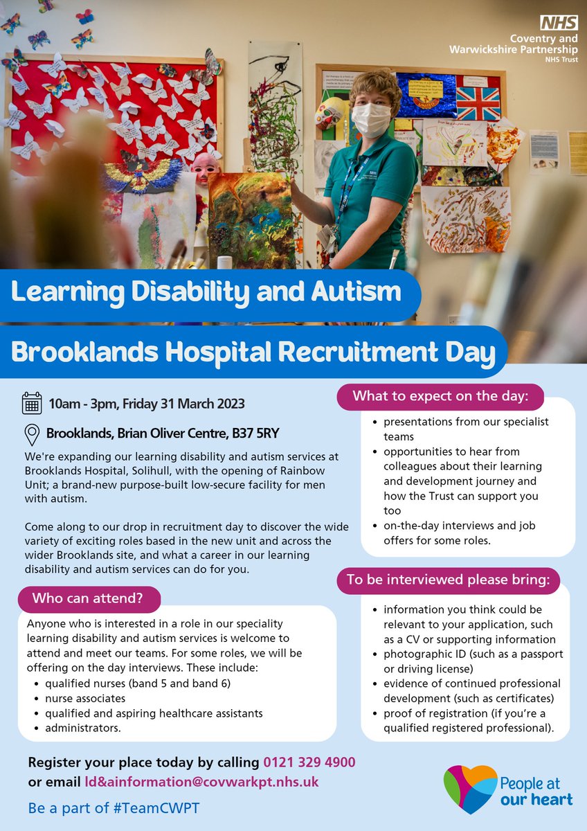 Only a week to go for our recruitment day. This is a great opportunity to work on our brand new unit please register and come along to find out more @CWPT_NHS