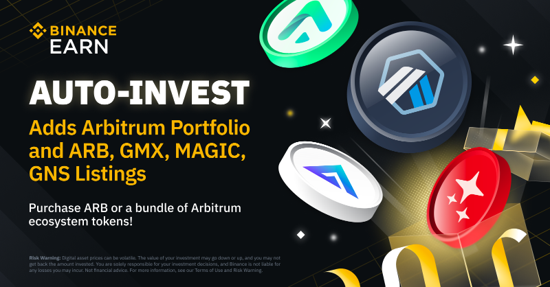 binance's tweet photo. #Binance Auto-Invest adds support for tokens on @arbitrum, including, $ARB, $GMX, $MAGIC and $GNS.