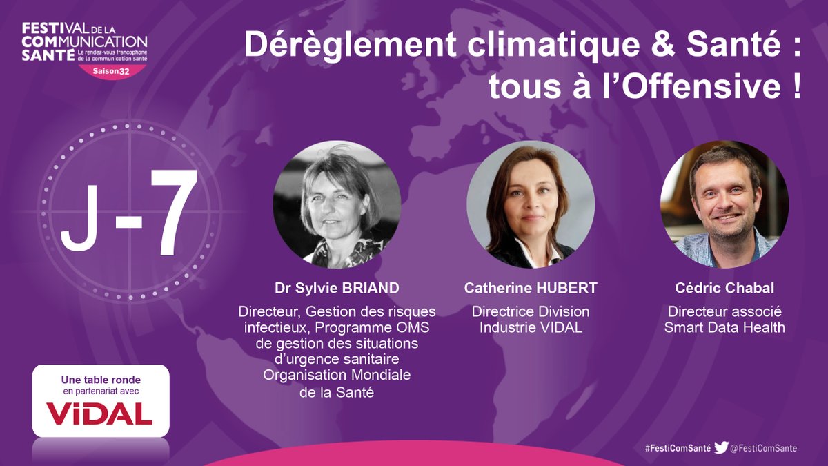 SmartDataHealth's tweet photo. RDV le 31 mars au #FestiComSante
Table ronde animée par @EricPhelippeau et introduite par le Dr @SCBriand, directrice Prévention et préparation aux épidémies et pandémies à l'#OMS, qui parlera du lien entre #changementclimatique, #santé animale et humaine

#OneHealth @VidalActus https://t.co/8TUfGwiXjB