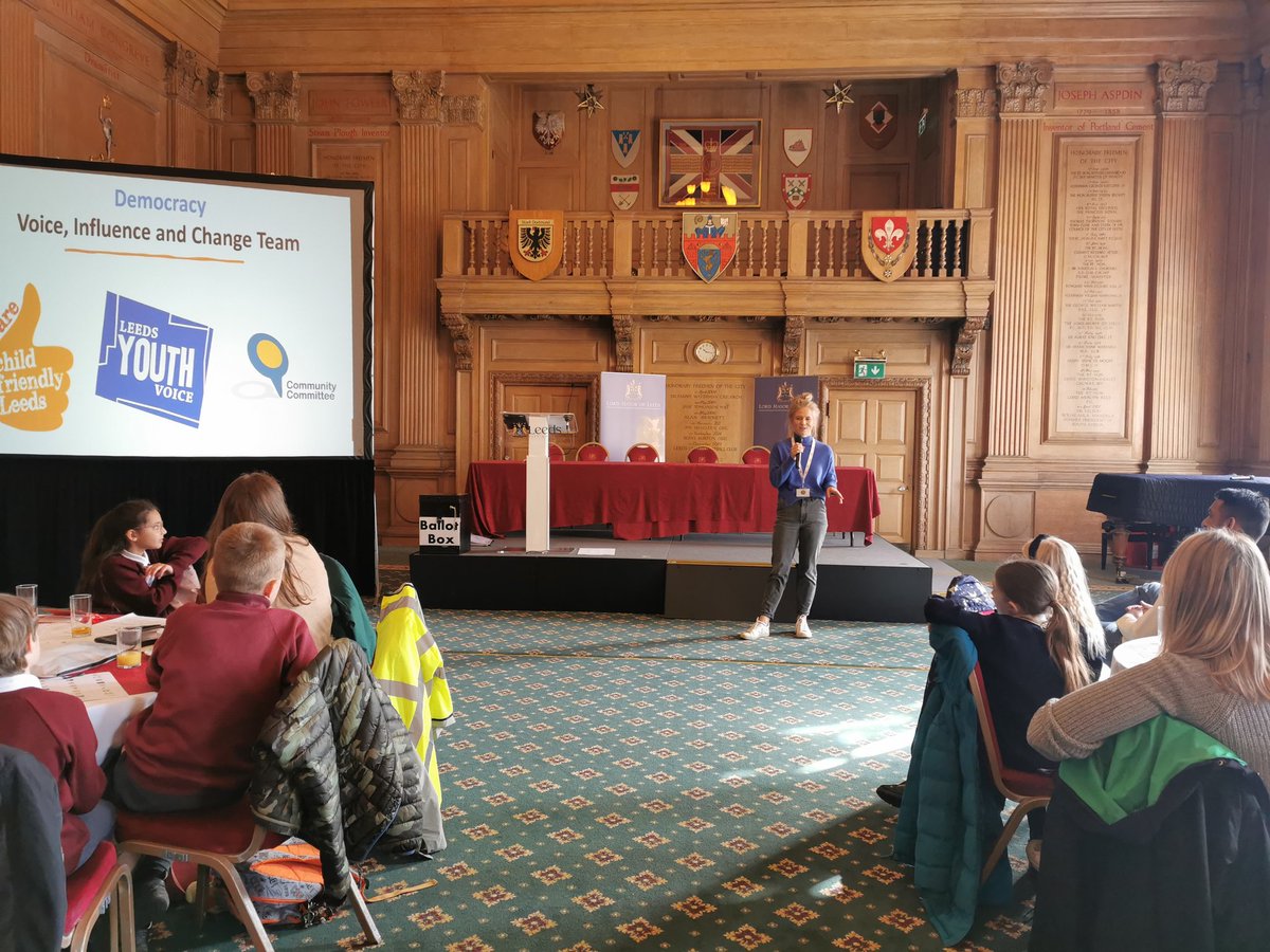 Emily from the Voice, Influence and Change Team talking about Democracy and how Young People's can have the voices heard in Leeds - Child Friendly Leeds at the Outer North West Community Youth Summit 2023 #onwyouthsummit2023 @LeedsYouthVoice