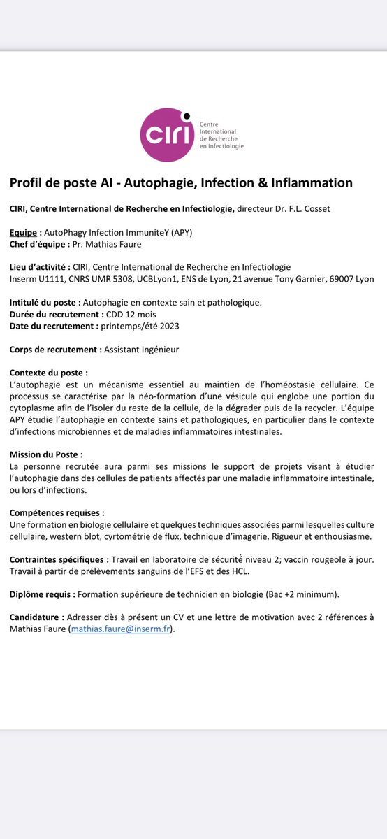 Un post pour un poste AI dans l’équipe APY, AutoPhagy infection immunitY, CIRI, Lyon. <a href="/A2iSlab/">Mathias Faure Lab - APY - Autophagy IBD infection</a> <a href="/CIRI_Lyon/">CIRI Lyon</a>.