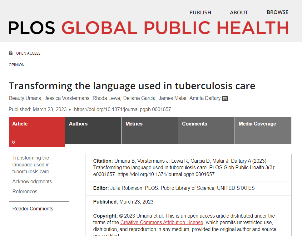 On #WorldTBDay2023, a round up of our latest research on TB diagnosis, care &amp; treatment. 🧵

Starting here: Beauty Umana (<a href="/happyumana/">BFH Umana</a>) &amp; colleagues argue that we need to be more purposeful about language used in describing and projecting ideas about TB: plos.io/3FMKGBw