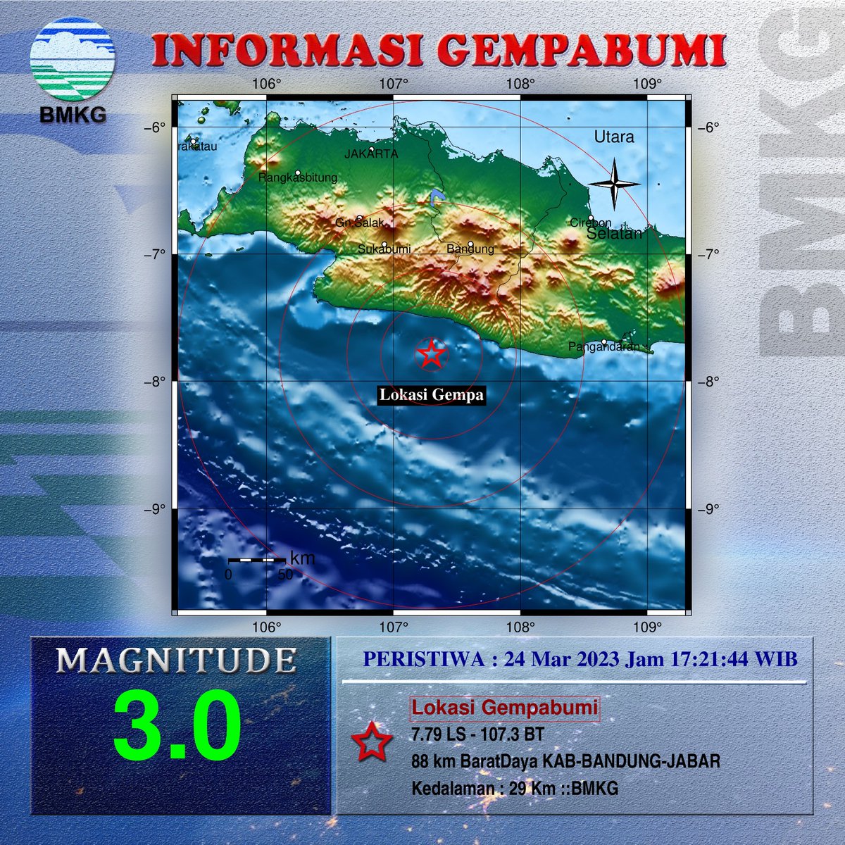 Info Gempa Mag:3.0, 24-Mar-23 17:21:44 WIB, Lok:7.79 LS - 107.30 BT (88 km BaratDaya KAB-BANDUNG-JABAR), Kedlmn: 29 Km ::BMKG