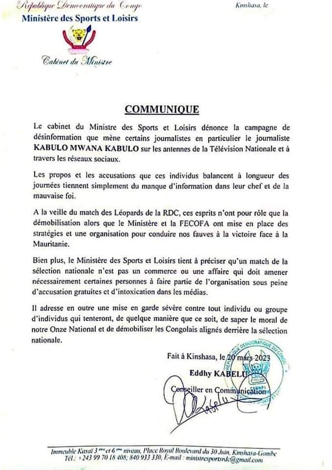 rkitsita's tweet photo. #RDC: IL Y A 24 heures, le chargé de communication du ministre des sports sortant mettait sévèrement en garde le journaliste Kabulo. Le soir même de la publication du communiqué il ( Kabulo) a été nommé ministre des Sports . https://t.co/3jwBcPZgFs