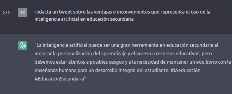 Anxeles_bioxeo's tweet photo. La semana pasada en una guardia de biblioteca dos alumnos usaban #ChatGPT para hacer su trabajo de historia. Es una realidad que ya está aquí, y seguimos sin saber como gestionarlo. ¿Lo habéis implementado ya en vuestras aulas?
#MasterTICAula1RETO12223Semestre2 https://t.co/ZMvrioeF81