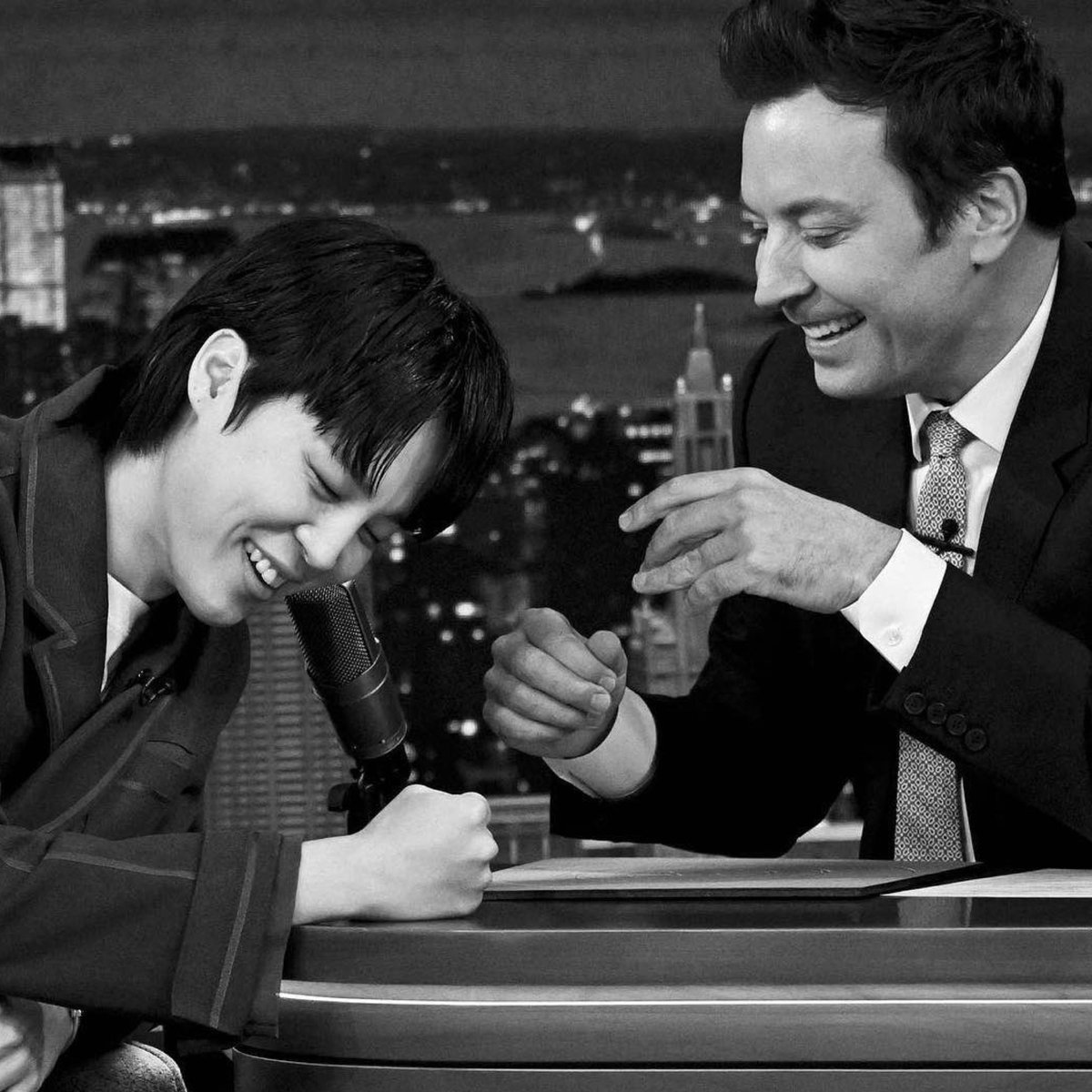 lovlyjimn's tweet photo. Y’all one of the best parts of the Fallon interview wasn’t aired! Like halfway through, Jimin leaned across the table and said “I don’t speak English” and Jimmy jumped up and said “and you’re telling me now!” 😆 Jimmy also said “Don’t worry, we’re family” and held his hand! 🥰 https://t.co/I3C7r8i6eq