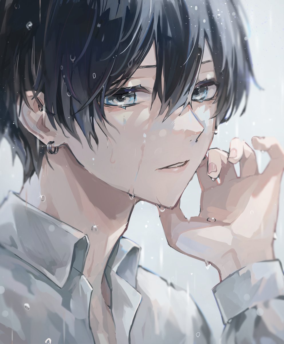 1boy male focus black hair solo wet shirt looking at viewer  illustration images