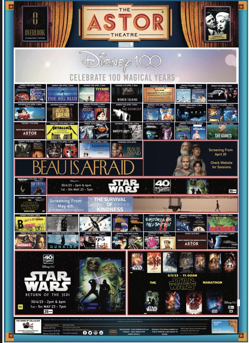 astor_theatre's tweet photo. April-May 2023 Calendar is here with a special focus on 100 years of Disney, with specially curated 35mm double features of rarely seen gems (including short films) along with many other highlights including a trip to a galaxy far, far away. Jump to the website via for full PDF. https://t.co/1ZvhS4YRQE
