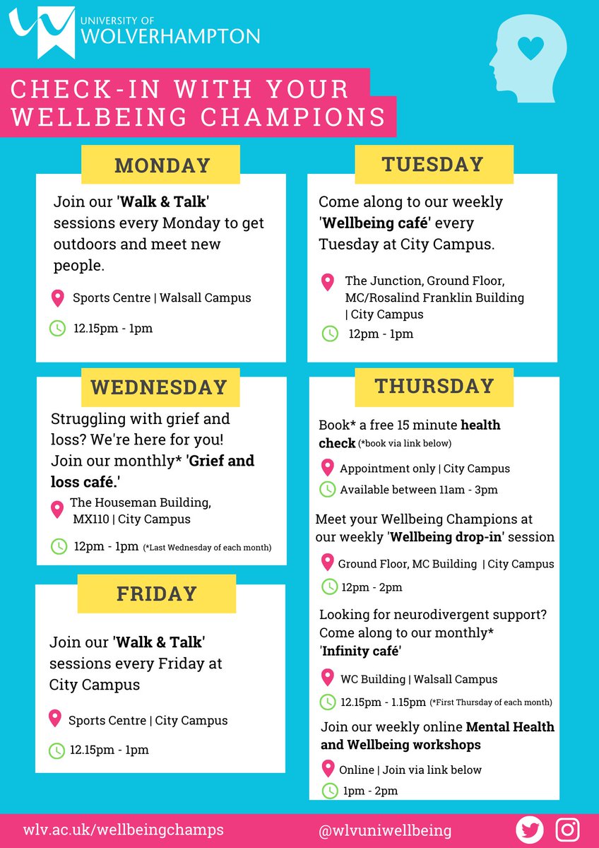 Join the well-being champions on a weekly basis!! 🙌

This is the weekly well-being events ran by the well-being champions- and there is something everyday of the week🤩.

Keep an eye on our socials for other campaigns and events we run in addition to this!