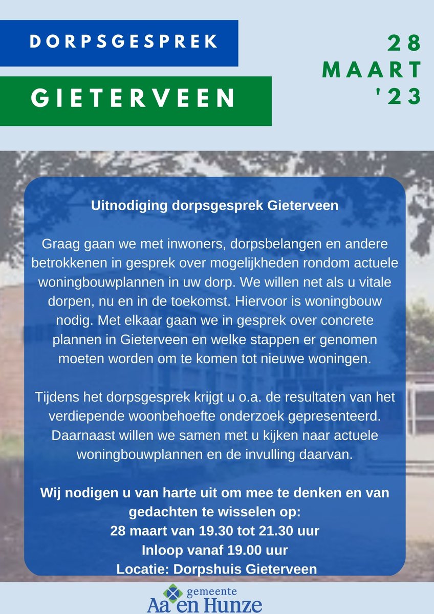 Woont u in Gieterveen? Wij gaan graag 28 maart met u in gesprek over mogelijkheden rondom woningbouwplannen in het dorp. We presenteren het onderzoek woonbehoefte en kijken naar de actuele woningbouwplannen in de invulling. Wilt u met ons meedenken en van gedachten wisselen?