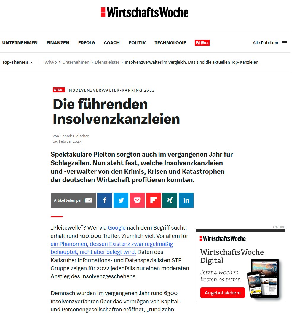 Die Kanzlei verzeichnet zwei Top 10 Platzierungen bei den von der WirtschaftsWoche und des INDat-Reports veröffentlichten Insolvenzverwalter-Rankings 2022 und überzeugt sowohl in den Gesamt- als auch in den Einzelwertungen.

schiebe.de/indat-report-w…