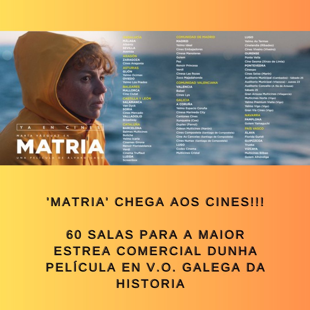 agapi_comunica's tweet photo. Hoxe chega aos cines o filme galego #Matria dirixido por Álvaro Gago e producido por @matriuskafilms @danifroiz a maior estrea comercial para unha película en versión orixinal en galego! @agapi_comunica https://t.co/FcqkuWisBF