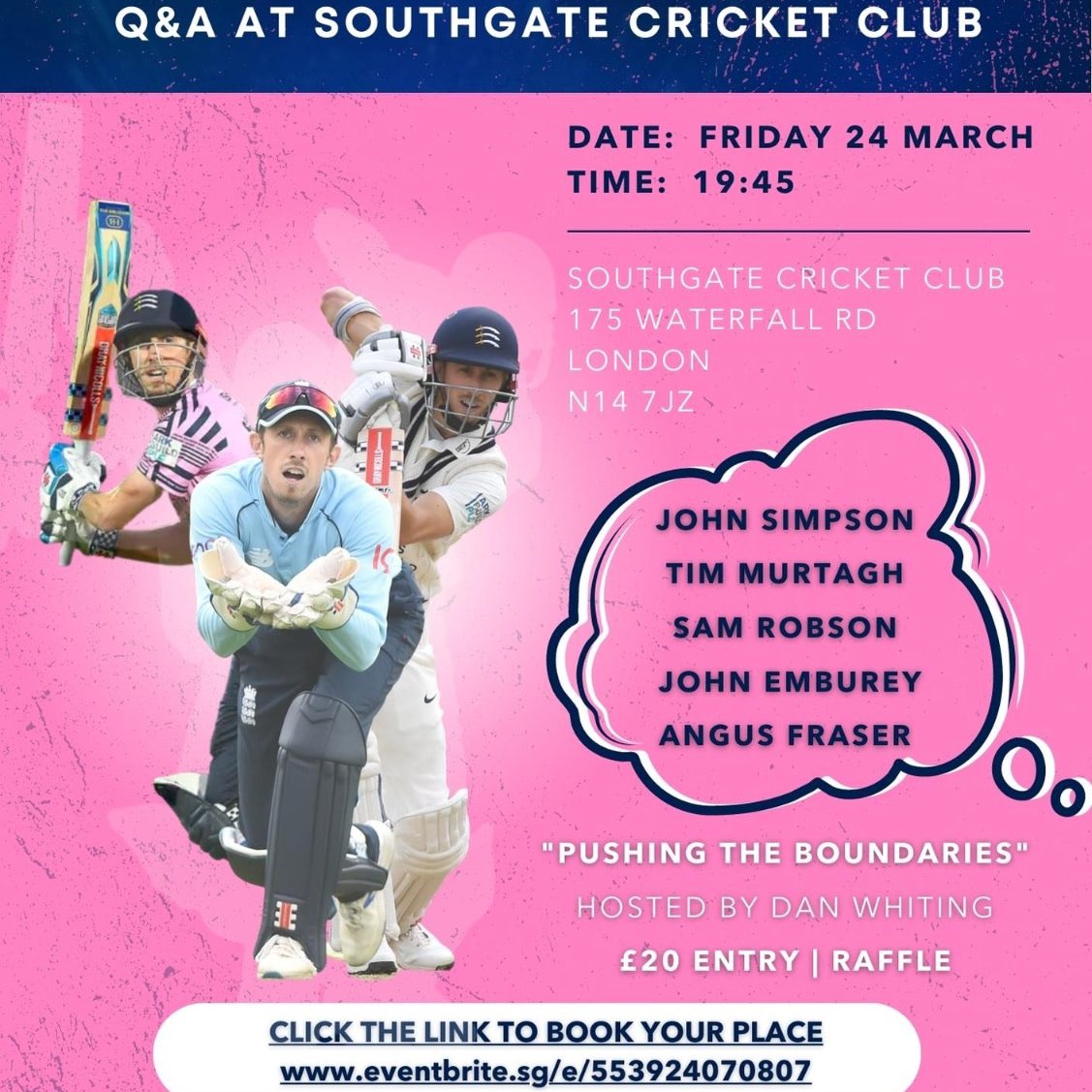 We’ll have limited tickets available on the door tonight at the @WalkerGround for @Simmo2023 and Pushing The Boundaries with @TheMiddleStump . Coke down for a night of laughs with 5 international cricketers.