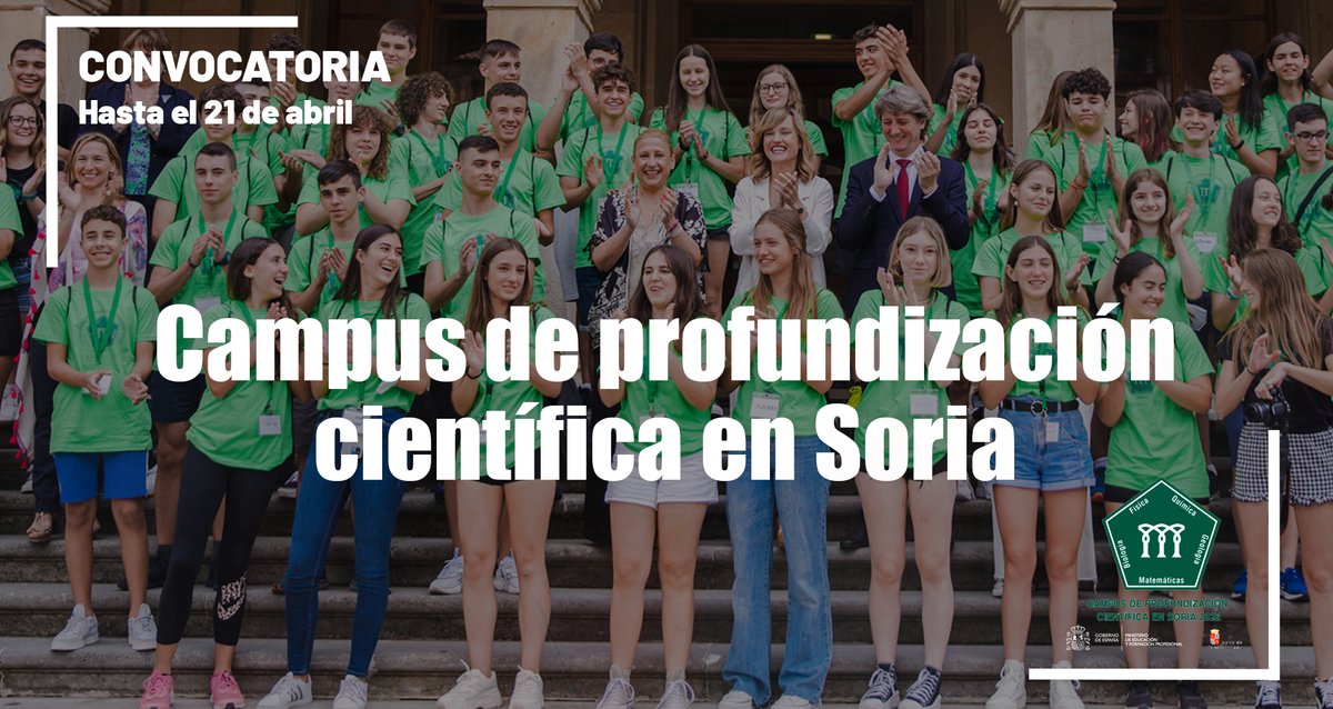 🟢 Ya puedes inscribirte en el Campus de Profundización científica que se celebra en Soria en el mes de julio.

👉80 plazas para estudiantes de ESO con una nota media igual o superior a 9. 

🗓️Hasta el 21 de abril.

Más información⤵️
educacionyfp.gob.es/servicios-al-c…