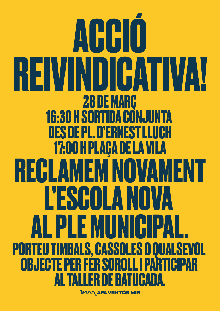 La lluita de l'escola Ventós Mir seguirà fins aconseguir les instal·lacions que els nostres infants mereixen.
Acompanyeu-nos en aquest acte! Serà dimarts que ve, dia 28 de març.