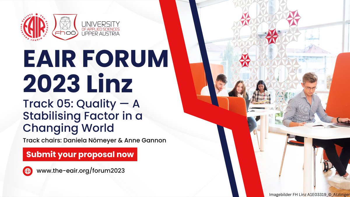 EAIR 2023 Track 5: Quality — A Stabilising Factor in a Changing World
Track chairs: Daniela Nömeyer &amp; Anne Gannon

Read more &amp; apply:
buff.ly/3ncNbGR

#EAIR2023 #Forum #Linz #QA #Quality #Experimentation #Creativity #Innovation #QM #QualityCulture #Change #CulturalChange