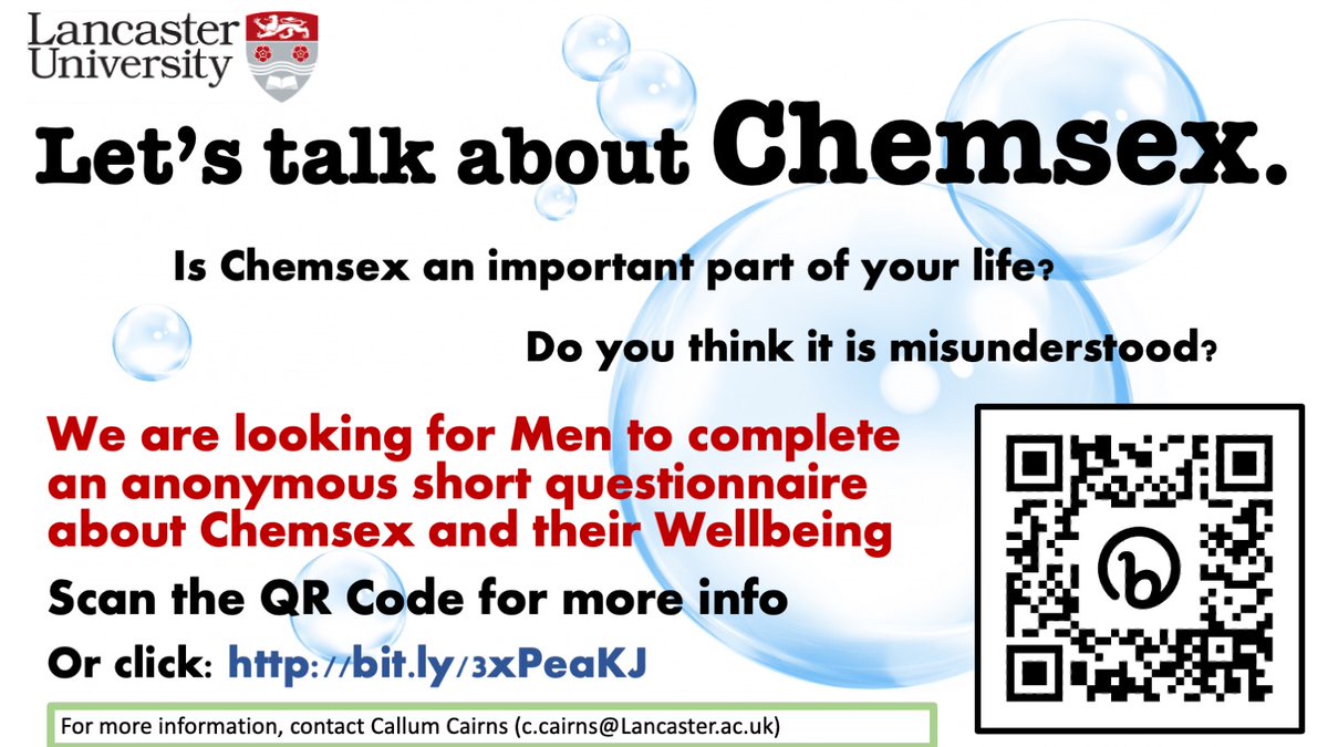 #Chemsex &amp; #Wellbeing 

We are interested in hearing from individuals engaging in Chemsex through a short, anonymous survey as part of a <a href="/LancsDClinPsy/">Lancaster DClinPsy</a> at <a href="/LancasterUni/">Lancaster University</a> project. 
If you're interested, all info is at the link below. 

Please RT! 

Link: bit.ly/3xPeaKJ