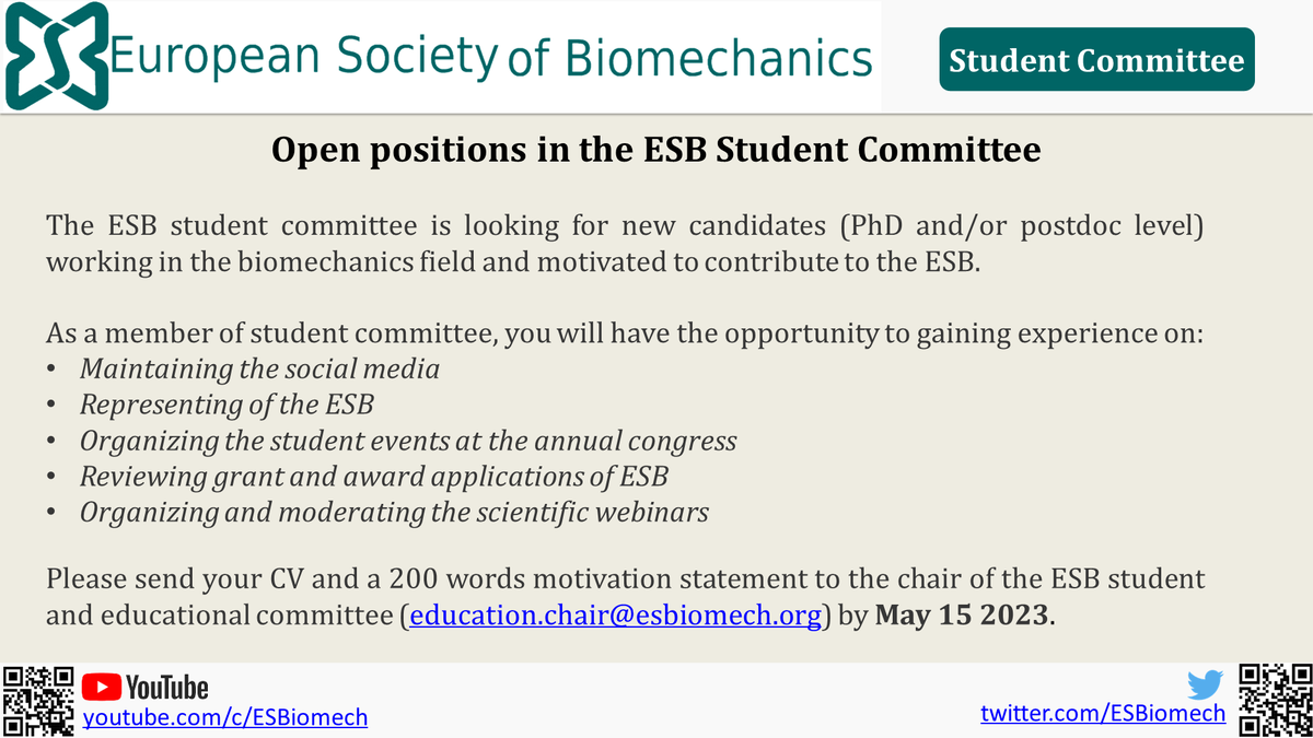 📢Open positions in the #ESBiomech student committee!

We are looking for new candidates (PhD students or postdocs) in the biomechanics field and motivated to contribute to the #ESBiomech

Are you interested? Check the image for more info!👇

Deadline: 15 May 2023🗓️