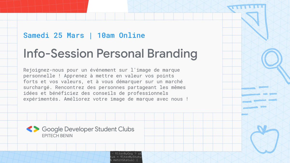 gdscepitechbj's tweet photo. Hi hi guy's 👋🏾

Ça vous dit d'améliorez votre marque personnelle et démarquez-vous de la concurrence ? Rejoignez-nous pour un événement passionnant. Inscrivez-vous dès via le lien suivant:
https://t.co/JtmQGwjNW6

#PersonalBranding #Networking #ProfessionalDevelopment https://t.co/dHbRAqnsTz