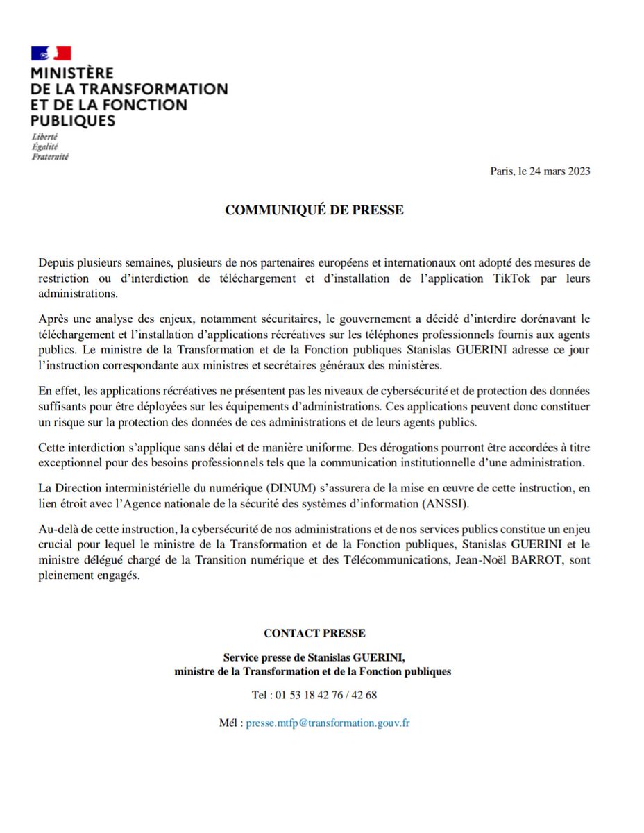 Les applications récréatives comme TikTok sont désormais interdites, avec effet immédiat, sur tous les téléphones que l'État fournit aux agents publics.

<a href="/StanGuerini/">Stanislas Guerini</a>