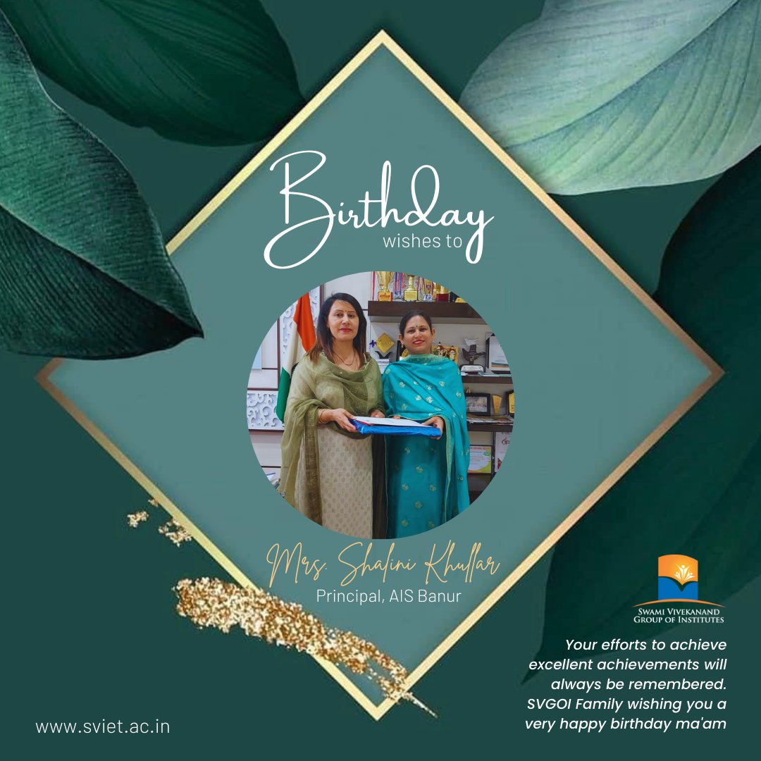 svietofficial's tweet photo. SVGOI family wishes a very Happy Birthday to Mrs. Shalini Khullar, Principal, Alliance International School, Banur. Your efforts to achieve excellent achievements will always be remembered. 🎉💐🎂
#Sviet #SVGOI #college #happybirthday #principa https://t.co/vFxWtwP47v