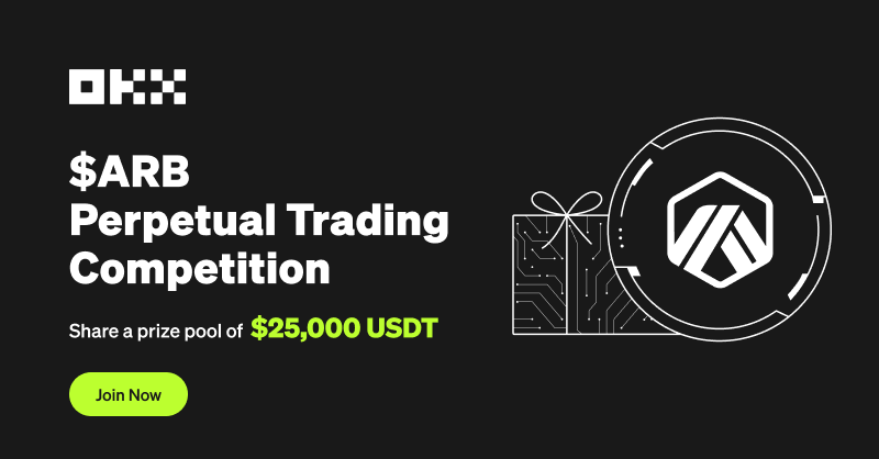 okx's tweet photo. Trade $ARB/USDT Perpetual &amp; Compete for $25,000 $USDT 🚀

$ARB @arbitrum perpetual swap trading up to 75x is 𝗟𝗜𝗩𝗘!

In celebrating our recent $ARB perp listing, here's your chance to join the competition 🏁⤵️