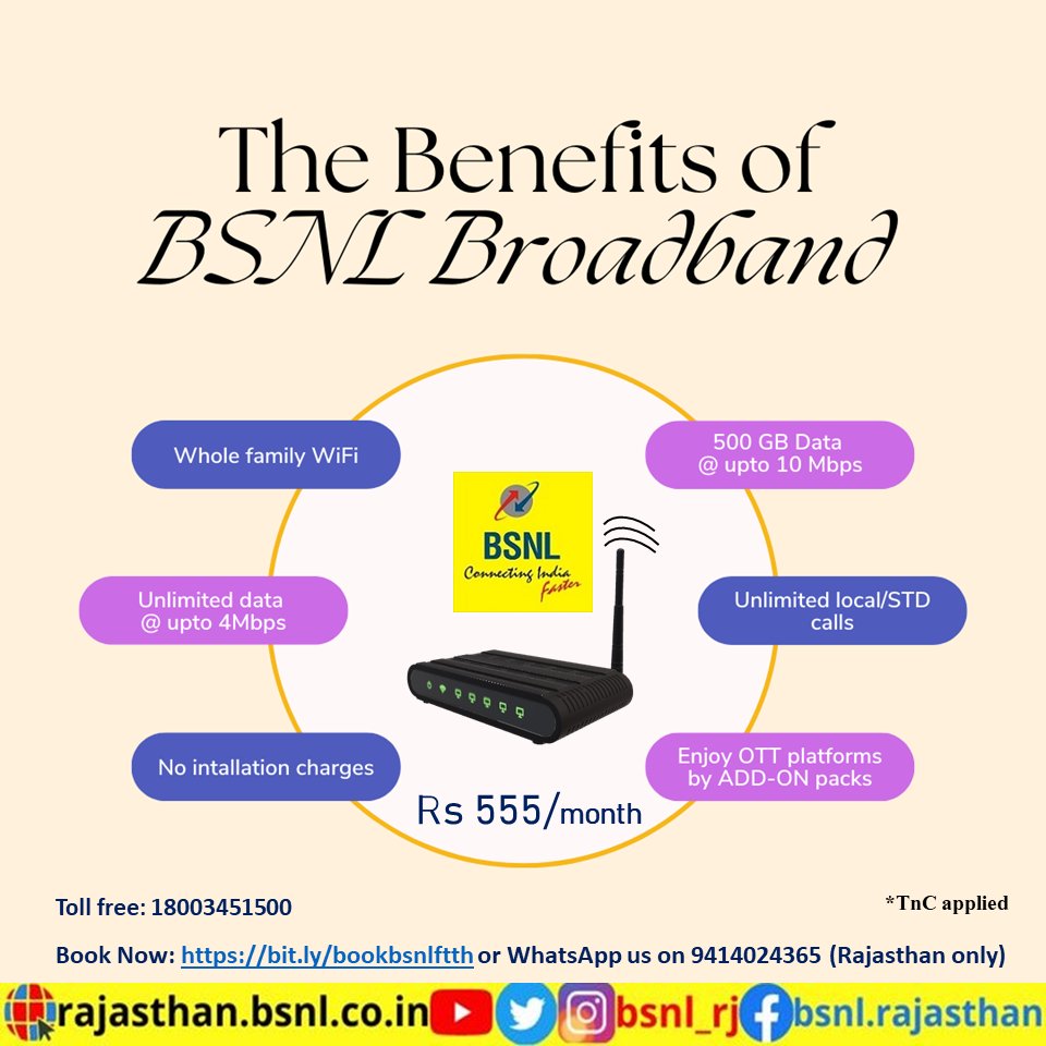 BSNL_RJ's tweet photo. This #Navratri bring whole family WiFi to your home and enjoy unlimited call n unlimited data in just Rs 555/month. Subscribe for #BSNLBroadband
Book Now - https://t.co/6XKDPUrcio 
#Internet4All #FamilyWiFi #WiFi https://t.co/u6mVYgQE70