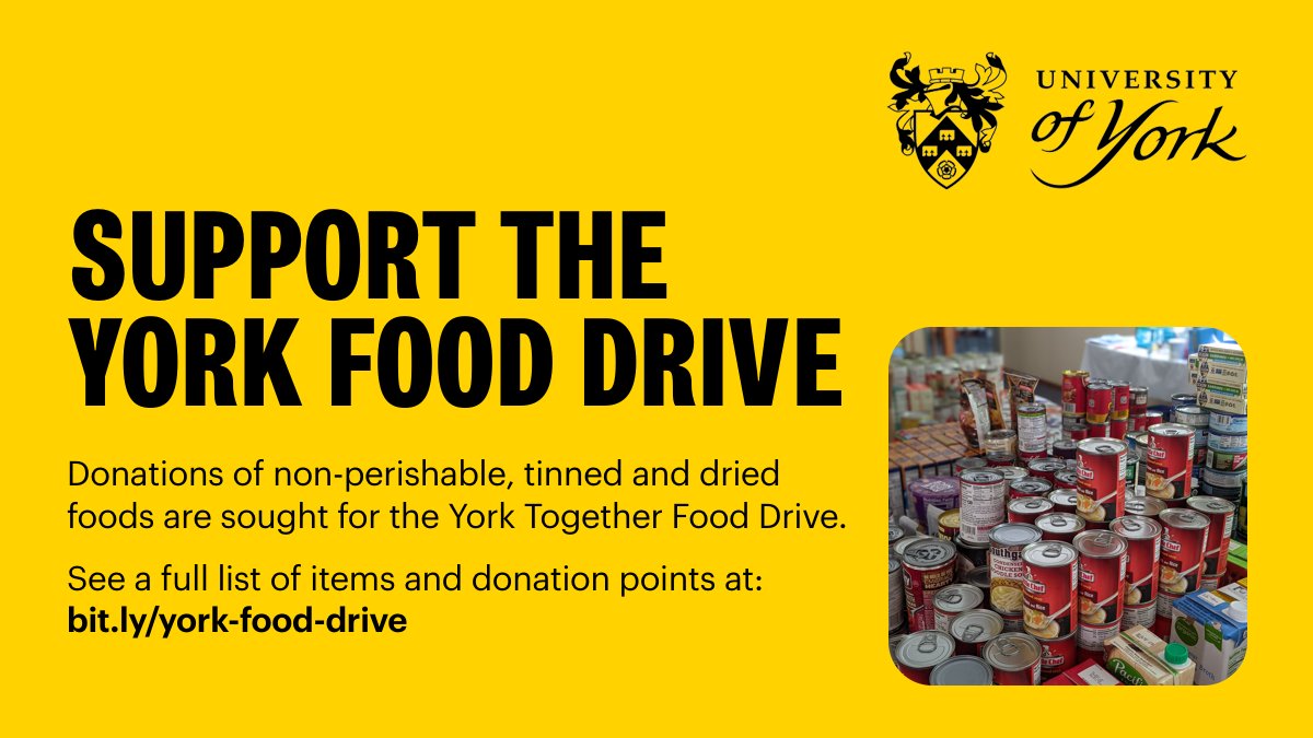 UoyEatShopDrink's tweet photo. Support the York Food Drive!
Donations of non-perishable, tinned and dried foods are sought for the York Together Food Drive.
See a full list of items and donation points at:
https://t.co/PBElD7nhLB
#YorkTogether #YorkFoodDrive
@RachaelMaskell @UniOfYork https://t.co/Owjcw6CF95