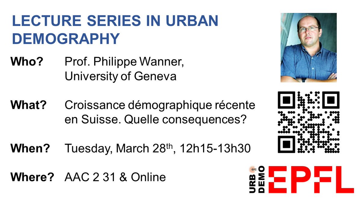 🚨Lecture Series in Urban Demography
 
Join us on Tuesday for our next event of our lecture series on  “Croissance démographique récente en Suisse. Quelles conséquences?” with Prof. Philippe Wanner <a href="/unige_en/">UNIGE_en</a>! 
<a href="/PopulationEU/">Population Europe</a> <a href="/EAPS_pop/">EAPS</a> <a href="/IUSSP/">IUSSP</a> <a href="/epflENAC/">EPFL-ENAC</a> #poptwitter