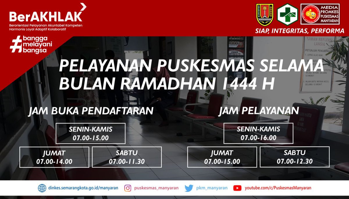 Hallo #sehaties 
Marhaban yaa Ramadhan..

Berikut kami sampaikan info jam pelayanan Puskesmas Manyaran selama bulan Ramadhan..

"Ikan sepat asyik berenang
Anda sehat kami senang"

#Ramadhan
#ramadhan2023
#RamadhanKareem
#puasa
#salamsehatpuskesmasmanyaran
