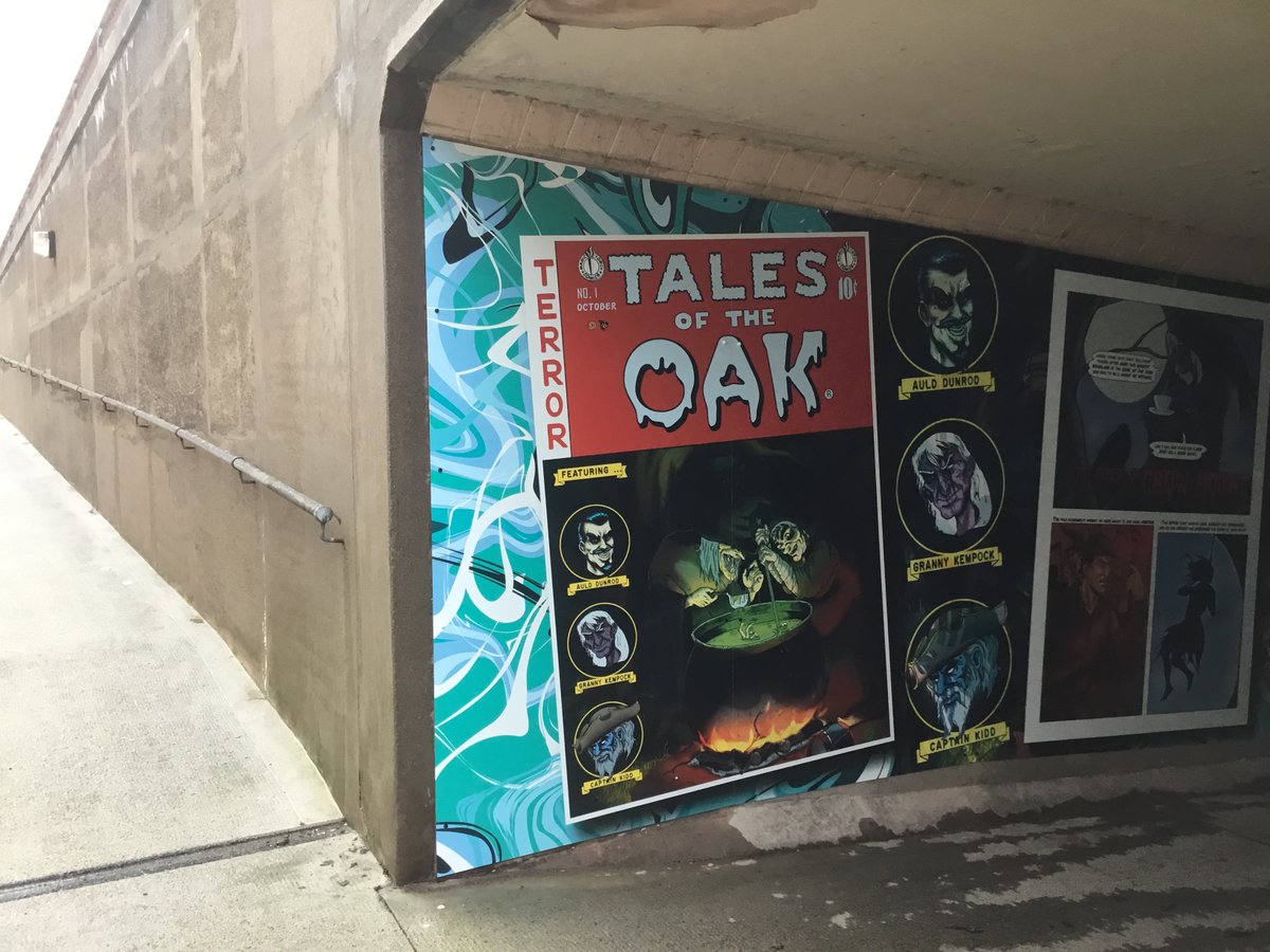 MagicTorchComix's tweet image. We donated artwork from some of our previous projects to help brighten up 2 Inverclyde underpasses - so now at Regent St you can explore myths and legends with art by Andy Lee @mrpickers and down at KFC it's 'The Galoshans Tunnel' with art from @RobinHenley @zucomics Go see!