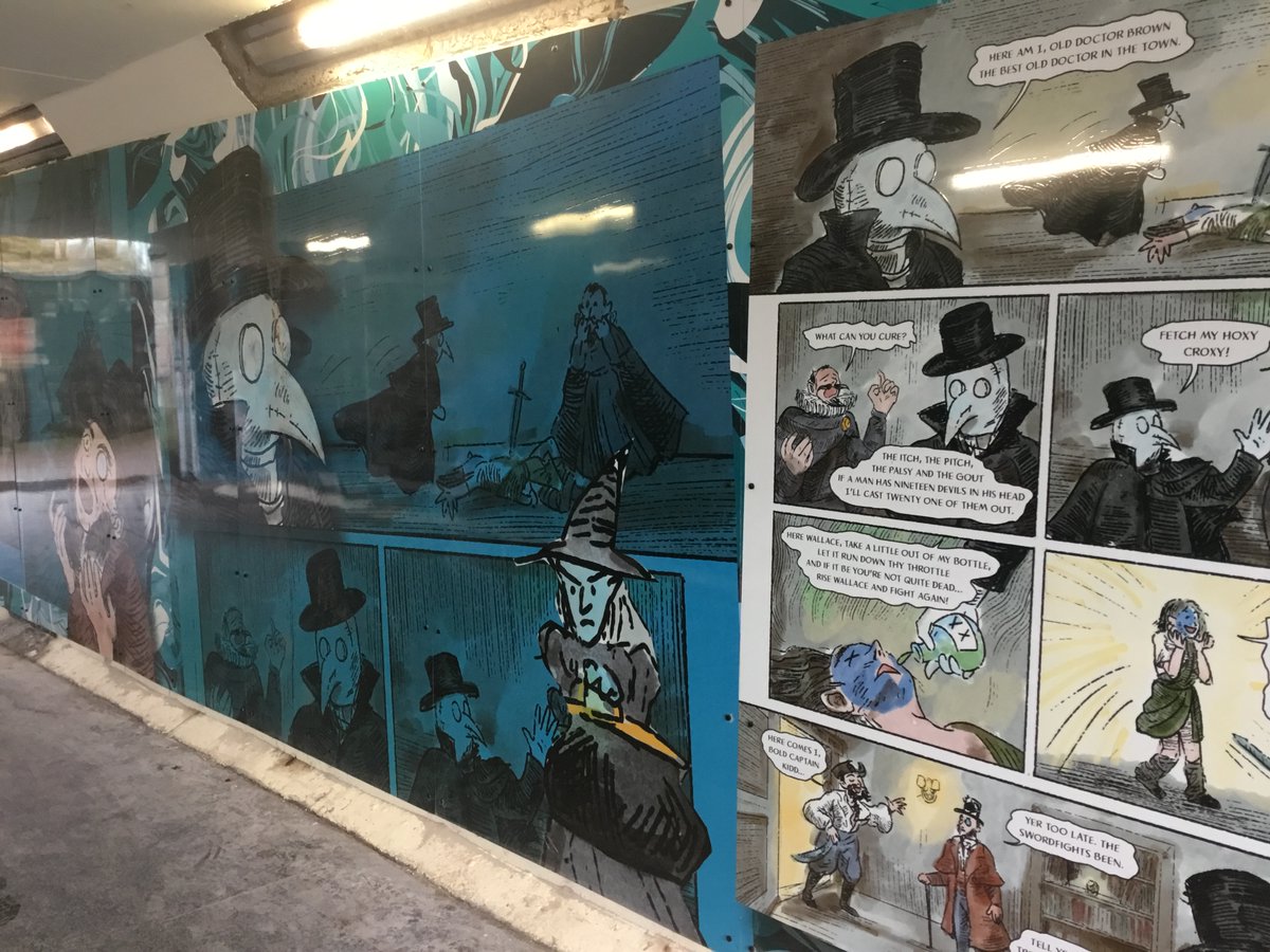 MagicTorchComix's tweet image. We donated artwork from some of our previous projects to help brighten up 2 Inverclyde underpasses - so now at Regent St you can explore myths and legends with art by Andy Lee @mrpickers and down at KFC it's 'The Galoshans Tunnel' with art from @RobinHenley @zucomics Go see!