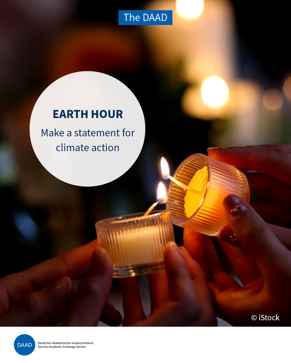 DAAD_Germany's tweet photo. The #DAAD is committed to making its business operations carbon-neutral by 2030. If you also want to send a signal for climate protection, join millions of people worldwide for #EarthHour and switch off your lights tomorrow at 8.30 p.m.: ➡️ https://t.co/w2mf9577XU

#DAADClimate https://t.co/fx9YtXg8Hy