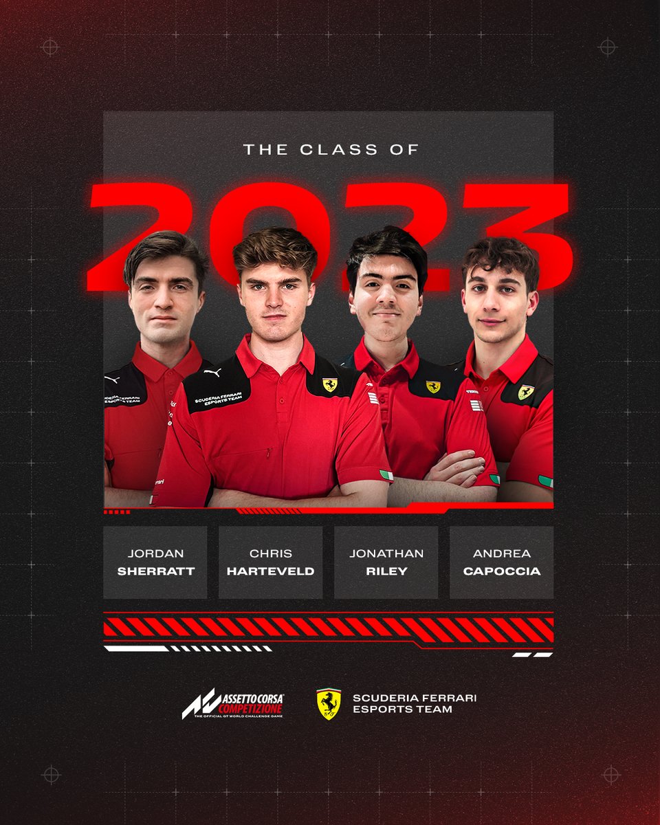 Ferrari Esports (@ferrariesports) on Twitter photo 🤝 Welcome to four new #FerrariEsports recruits, who will race on the <a href="/AC_assettocorsa/">Assetto Corsa</a> Competizione platform with us in 2023 🎮
<a href="/jsherratt37/">Jordan Sherratt</a> 🇿🇦
<a href="/ChrisHar57/">Chris Harteveld</a> 🇳🇱
<a href="/_JonathanRiley_/">Jonathan Riley</a> 🇬🇧
<a href="/AndreaCapoccia4/">Andrea Capoccia</a> 🇮🇹
#FerrariEsports 🤝 Welcome to four new #FerrariEsports recruits, who will race on the <a href="/AC_assettocorsa/">Assetto Corsa</a> Competizione platform with us in 2023 🎮
<a href="/jsherratt37/">Jordan Sherratt</a> 🇿🇦
<a href="/ChrisHar57/">Chris Harteveld</a> 🇳🇱
<a href="/_JonathanRiley_/">Jonathan Riley</a> 🇬🇧
<a href="/AndreaCapoccia4/">Andrea Capoccia</a> 🇮🇹
#FerrariEsports