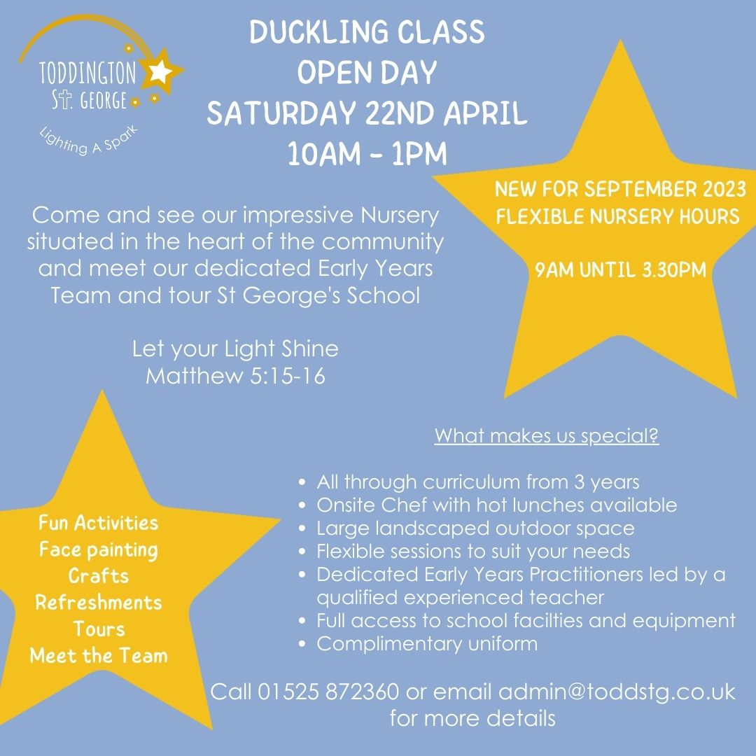Come to our nursery Open Day on Saturday 22nd April to see our wonderful facilities, speak to our fantastic early years team and tour St George's School.  We are now offering new flexible sessions from 9am - 3.30pm for 3 year olds from September 2023.
#letyourlightshine #nursery