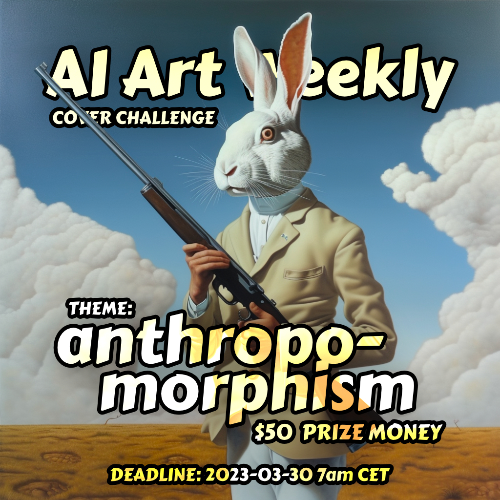 Dear #aiartcommunity 🧡 I'm looking for submissions for the next #aiartweekly cover! Winner gets $50 and all finalists will be mentioned in issue #27 🙌

Theme is "anthropomorphism" 🐇

2 images max. 10:14 vertical aspect ratio. Unminted, check below! RT required

Submit below!👇