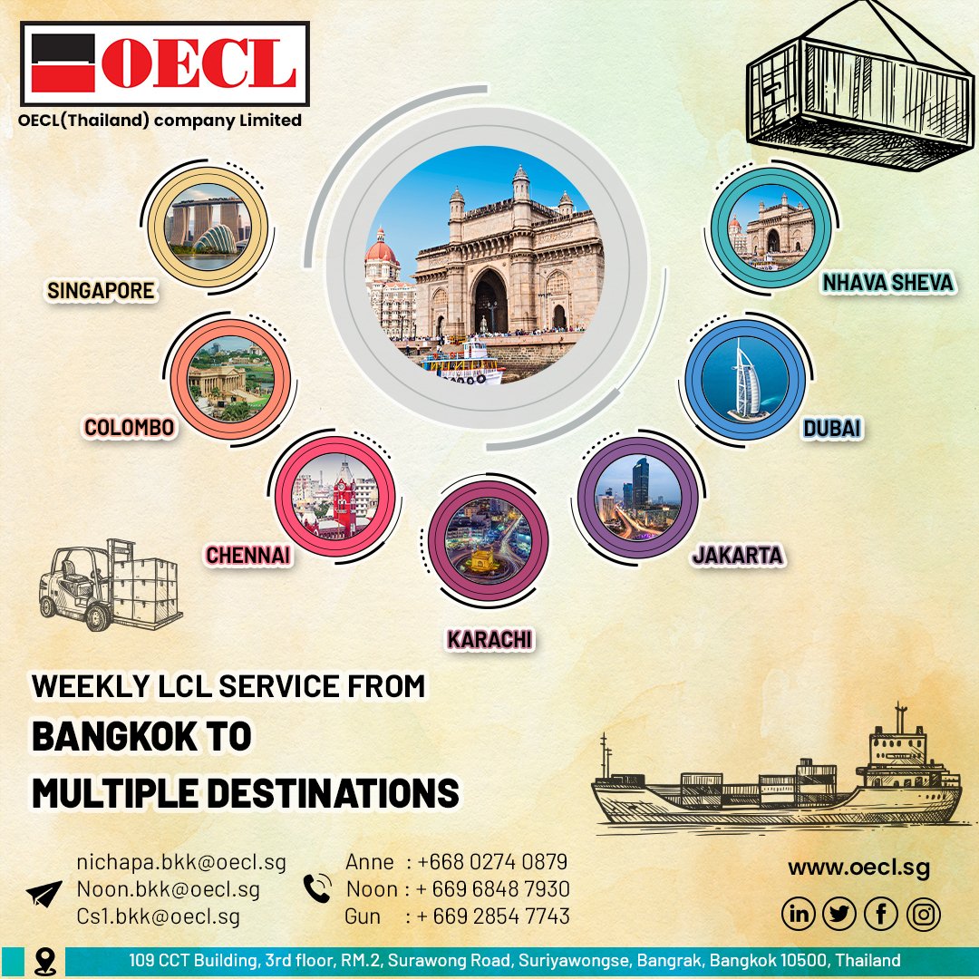 oeclsg's tweet photo. Worlds leading LCL consolidators, OECL brings you direct and scheduled weekly LCL services from #bangkok to Multiple destinations. 
#frieghtforward #shipping #ship #oecllogistics #oecl #maritime #logistics #cargo #delivery #shippingworldwide #freight #vessel #transportation https://t.co/JAGQvpeYFs