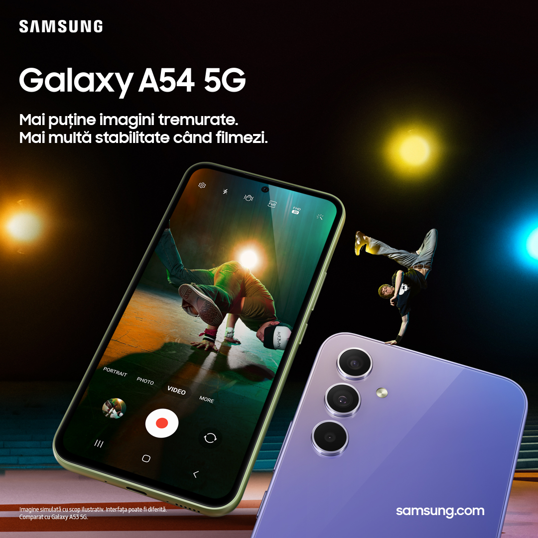 SamsungRomania's tweet photo. Bucură-te de videoclipurile extraordinare ale lui #GalaxyA54 5G cu #VDIS, un unghi larg #OIS, #Autofocalizare, #Autofocus. Află mai multe: https://t.co/YBo9uMLNgg. https://t.co/1sUVWMmxCl