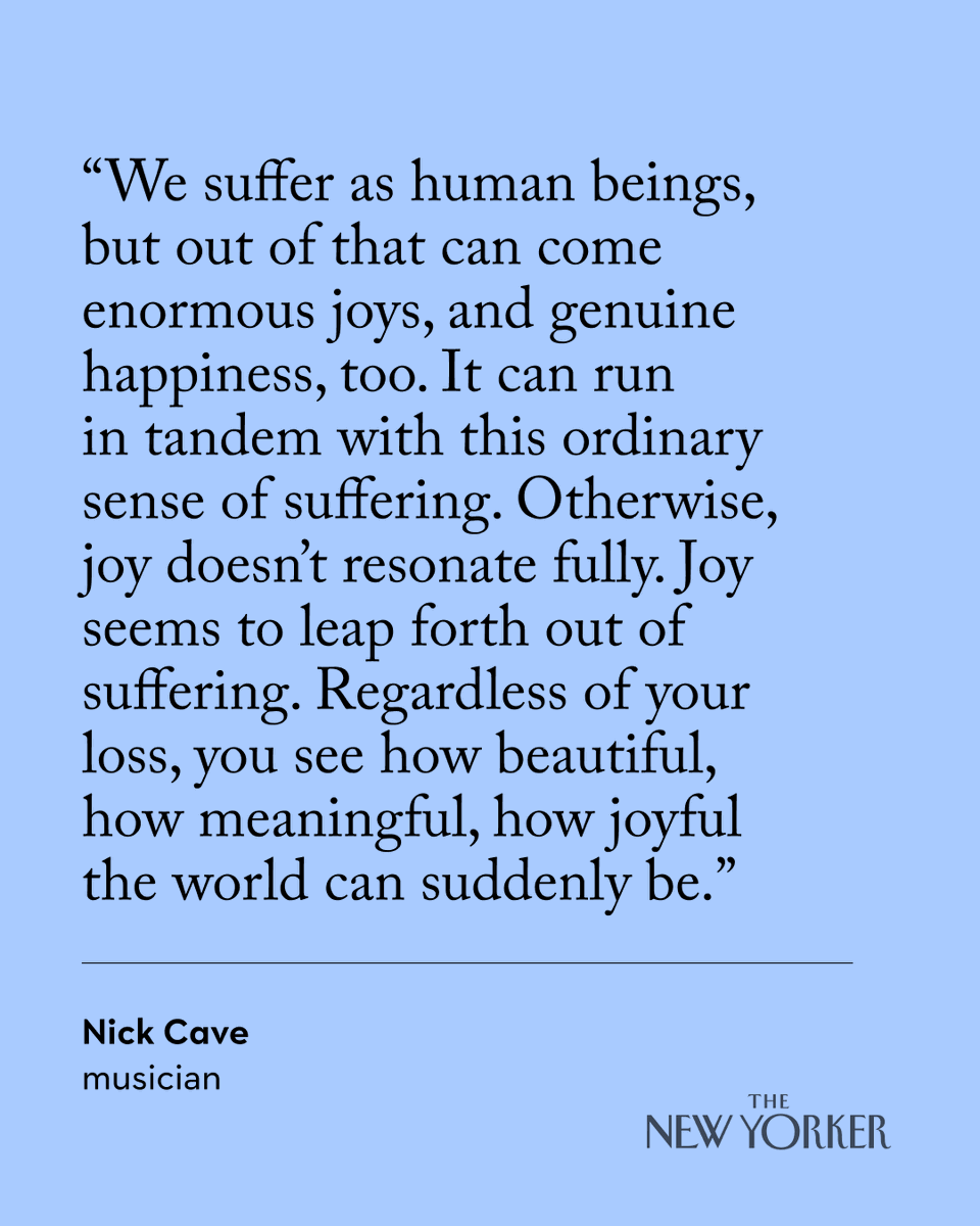 NewYorker's tweet image. As we grow older, “loss becomes the primary condition of living,” Nick Cave says. “That doesn’t mean you’re in a hopeless, grief-stricken state all the time; it just means that you carry a deeper understanding of what it is to be human.” nyer.cm/kOnUzer