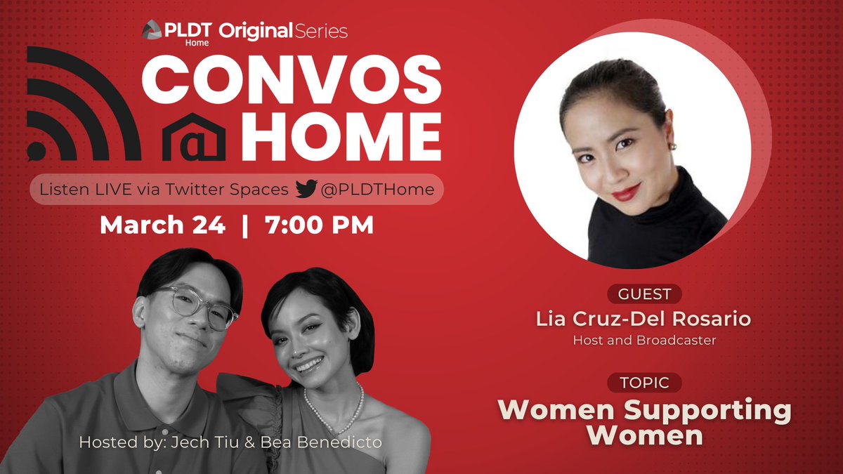 Join us as we chat with host and broadcaster @liadcruz about her quest to tell the glass-ceiling-shattering stories of women. Join @jechtiu and @bea_benedicto for this week's episode of #ConvosAtHomePLDTHome. SET a reminder or JOIN here: x.com/i/spaces/1rdgl…