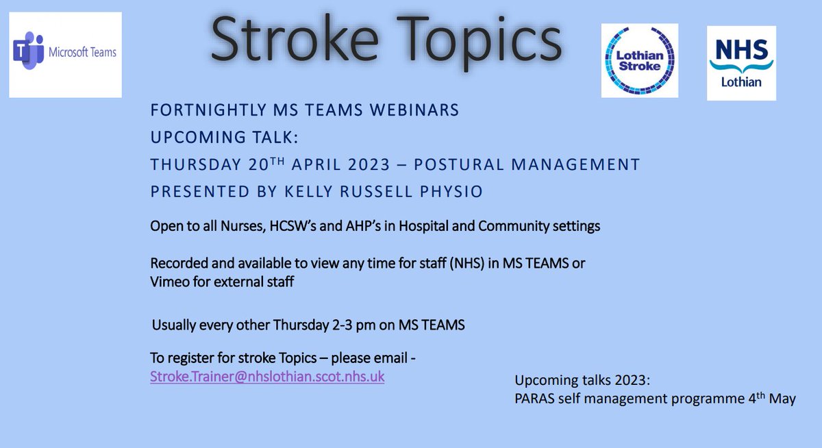 Tom75StrokeED's tweet photo. Stroke Topic Webinar April 20th 2-3 pm via MS TEAMS - Postural Management - to receive updates on future topics or register please email stroke.trainer@nhslothian.scot.nhs.uk https://t.co/nfeLsoWp0j