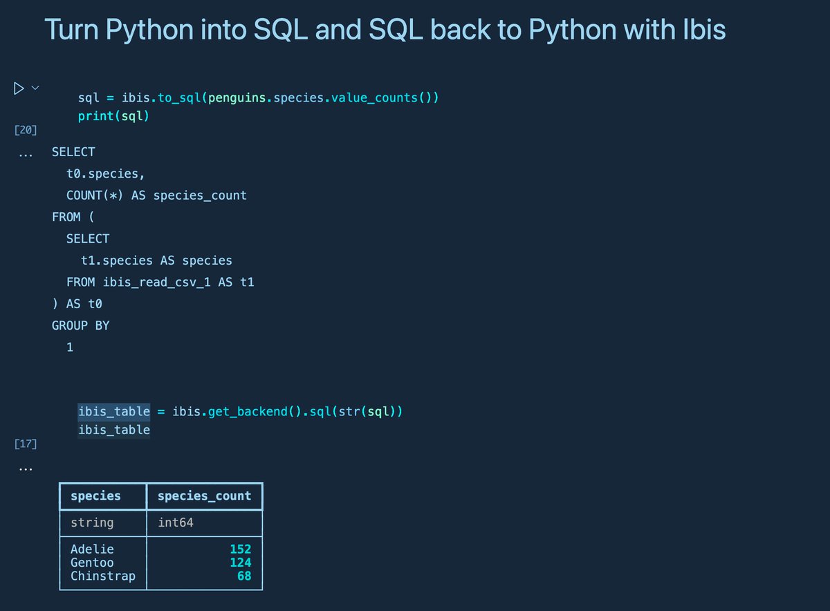 IbisData's tweet image. Here&apos;s todays Friday tip🏖️: Did you know with Ibis you can turn a #Python expression into #SQL AND turn SQL back into Python? 

Here&apos;s an example of how to do this with our `to_sql()` and `get_backend().sql()` features✅🔥

#portablepython