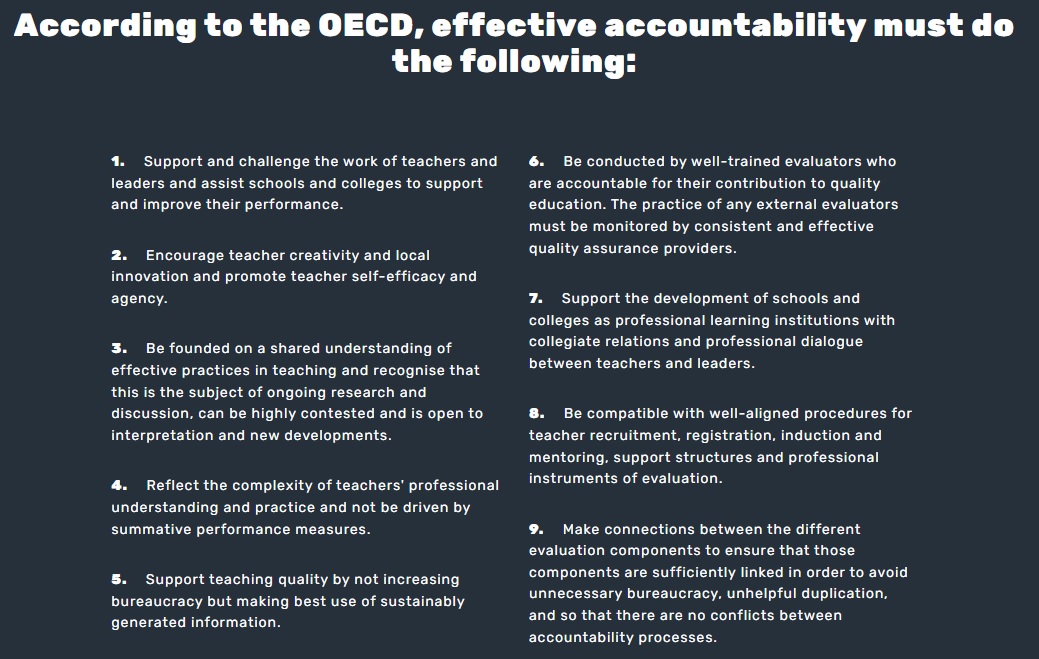 neucheshireeast's tweet image. Evidence from the @OECD suggests there are nine features that should underpin an effective accountability framework with pupils at its centre. None of these features are present in the approach taken to @Ofstednews school inspection in England currently. #OfstedReform