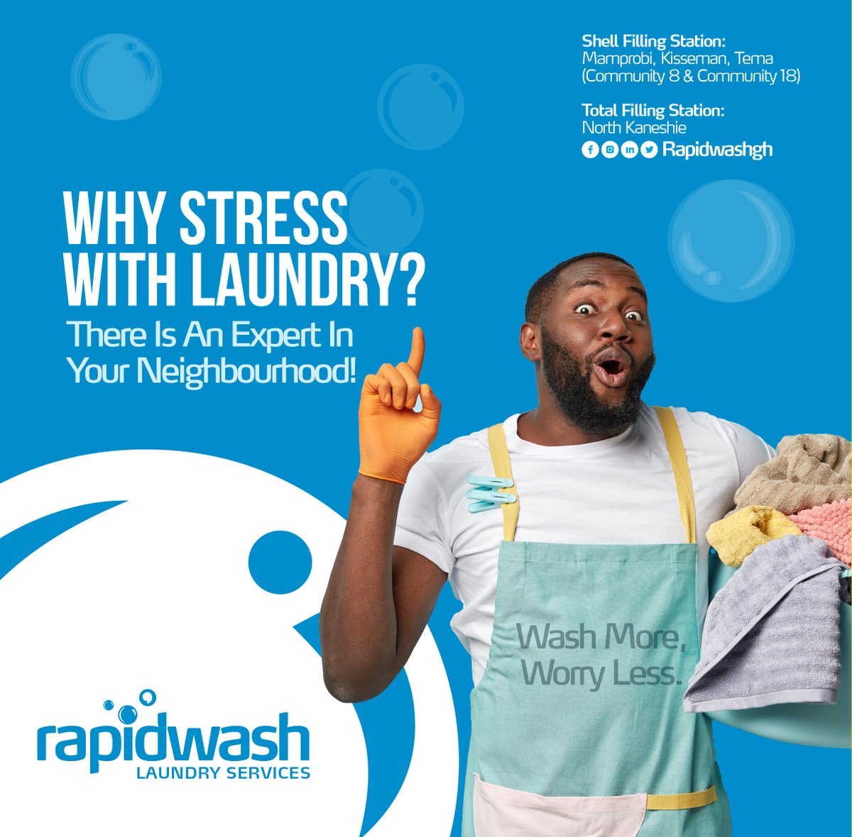 Rapidwashgh's tweet photo. Locate us at the Shell Filling Stations of Kisseman, Mamprobi, Tema Community 8 &amp; 18 and the Total Filling Station at North Kaneshie.

Rapidwash Laundry...wash more, worry less!

#washmoreworryless #shellfillingstation #totalfillingstation #ghana #laundryservice #fridayvibes https://t.co/N9LpNnppSx