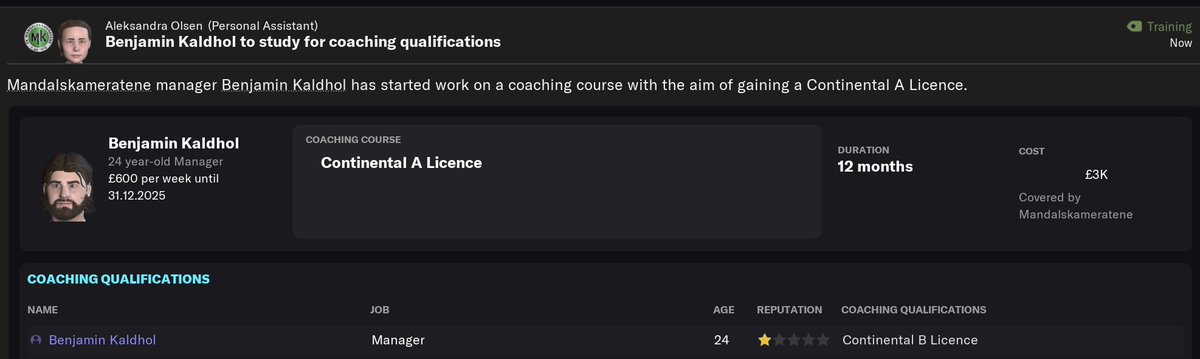 Spurte om ny trenerlisens etter at eg fullførte Continental B!

Dei meinte eg ikkje burde få lisensen fordi da kjem større klubbar til å ønske meg

Eg sa enten får eg ny trenerlisens eller so sluttar eg i jobben. Fikk ny trenerlisens😂
