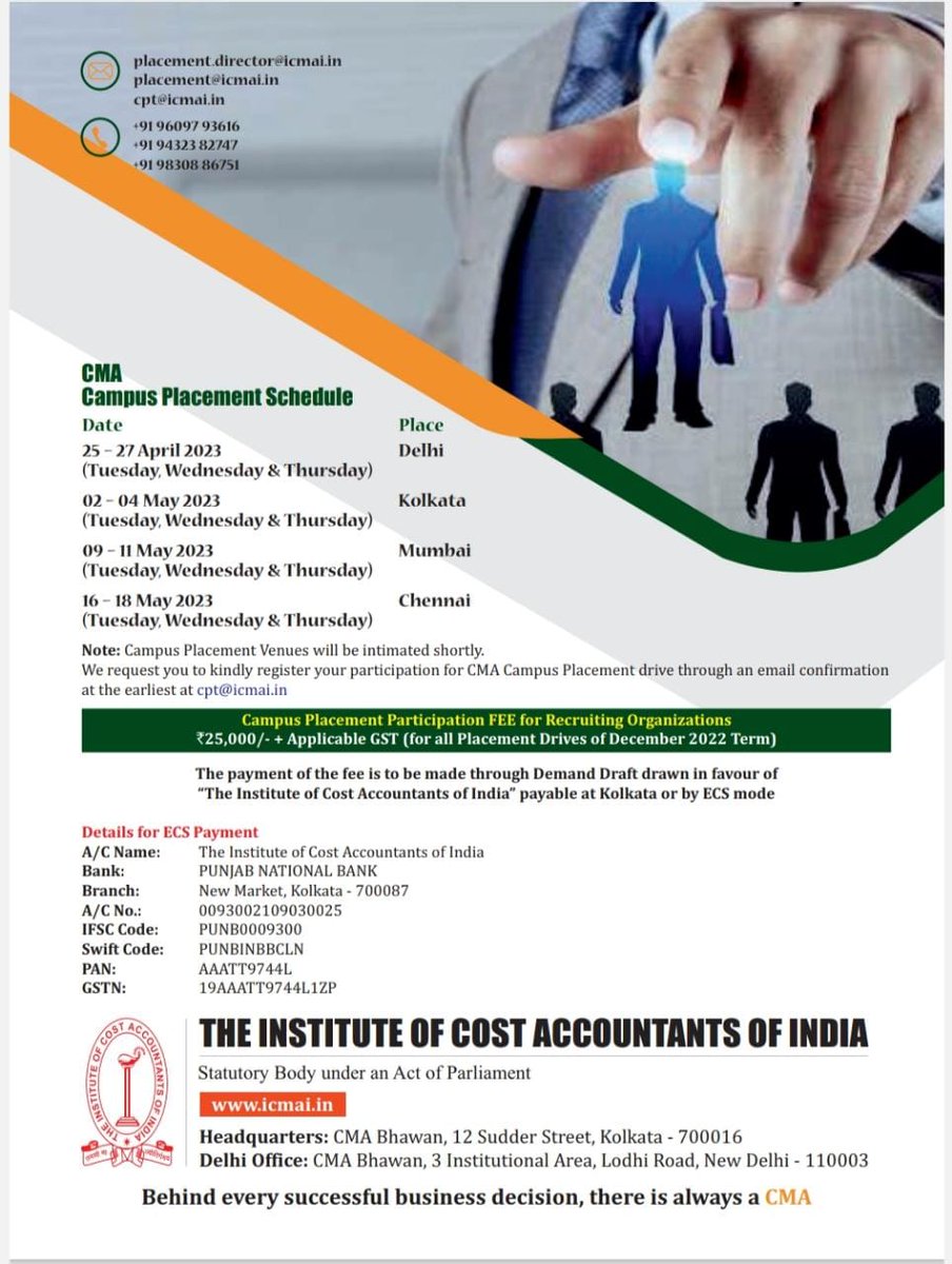 #CMA #campusplacements #Apr2023

Campus Placement schedule all over India is as follows

25th to 27th April at Delhi

2nd to 4th May at Kolkata

9th to 11th May at Mumbai

16th to 18th May at Chennai

#CMA #ICMAI