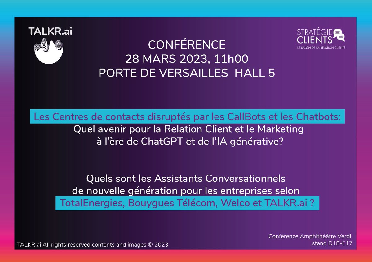 KatyaLaine's tweet image. 🎯 J-3 #StratégieClients et #EMarketing CONFÉRENCE @talkr_ai 
👉 le 28 mars à 11h00, Porte de Versailles
&quot;Les centres de contacts disruptés par les #CallBots et les #Chatbots, 
Témoignages @TotalEnergies @bouyguestelecom @welco