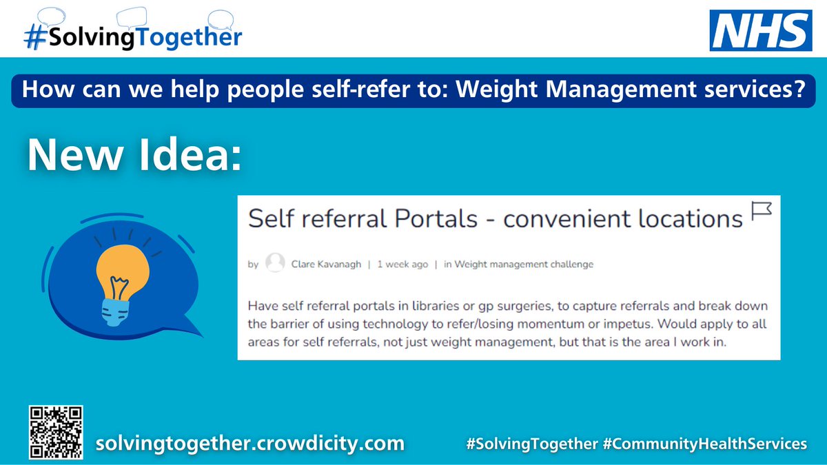 Solving Together (@st_transform) on Twitter photo Could self-referral portals in convenient locations such as libraries help people refer themselves to #CommunityHealthServices such as weight management?
✔️vote
💬 comment
solvingtogether.crowdicity.com/post/3833340
Thank you <a href="/ClareKavanagh11/">Clare Kavanagh</a> for the idea!
#SolvingTogether Could self-referral portals in convenient locations such as libraries help people refer themselves to #CommunityHealthServices such as weight management?
✔️vote
💬 comment
solvingtogether.crowdicity.com/post/3833340
Thank you <a href="/ClareKavanagh11/">Clare Kavanagh</a> for the idea!
#SolvingTogether