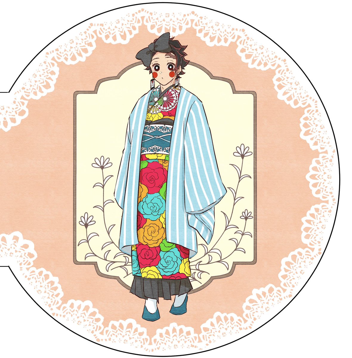 kamado tanjirou solo japanese clothes haori floral print earrings full body kimono  illustration images
